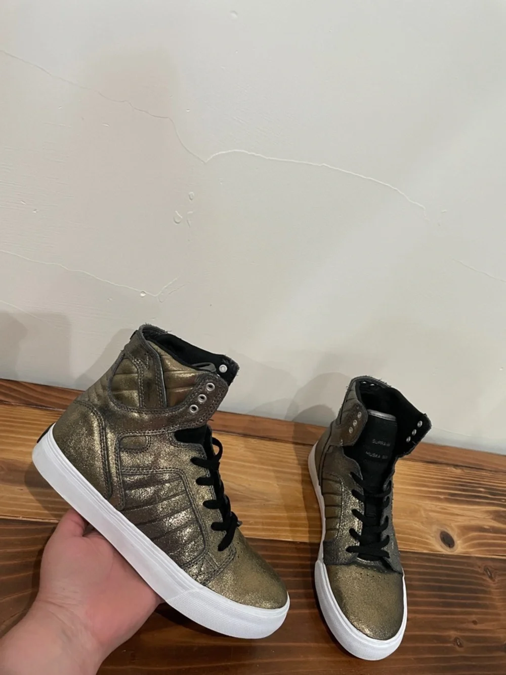 Supra Shiny Gold Punk Rock Biker High Top Boots Metallic Leather Lace Size 6